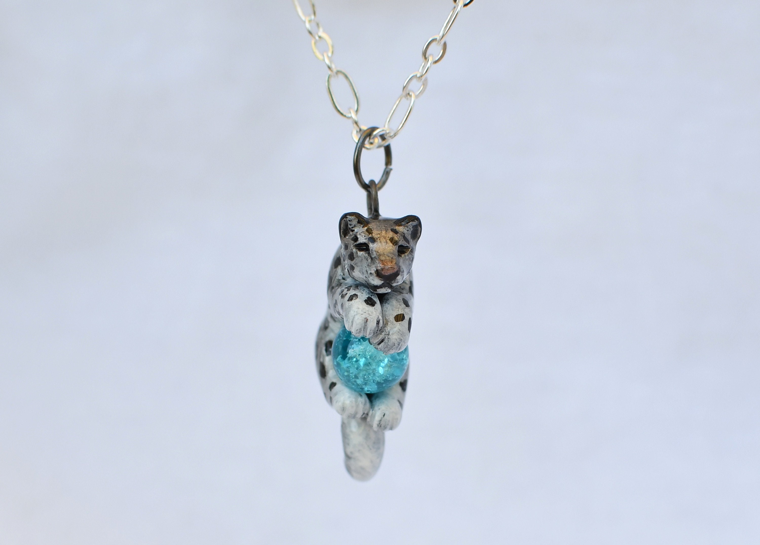 Snow Leopard Necklace with Custom Color Gem Pendant Charm | Etsy