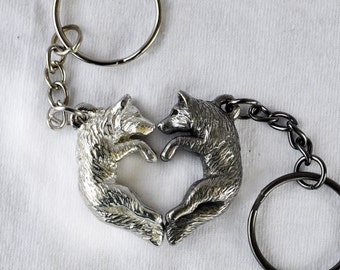 Pewter Wolf Love Keychains Valentine's His and Hers Gift Heart Kissing Couple