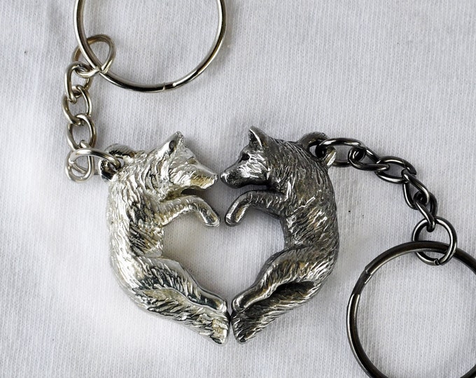 Featured listing image: Pewter Wolf Love Keychains Valentine's His and Hers Gift Heart Kissing Couple