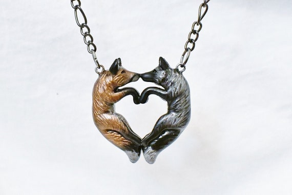 Fox Love Necklace Red Silver Couple Heart Polymer Clay