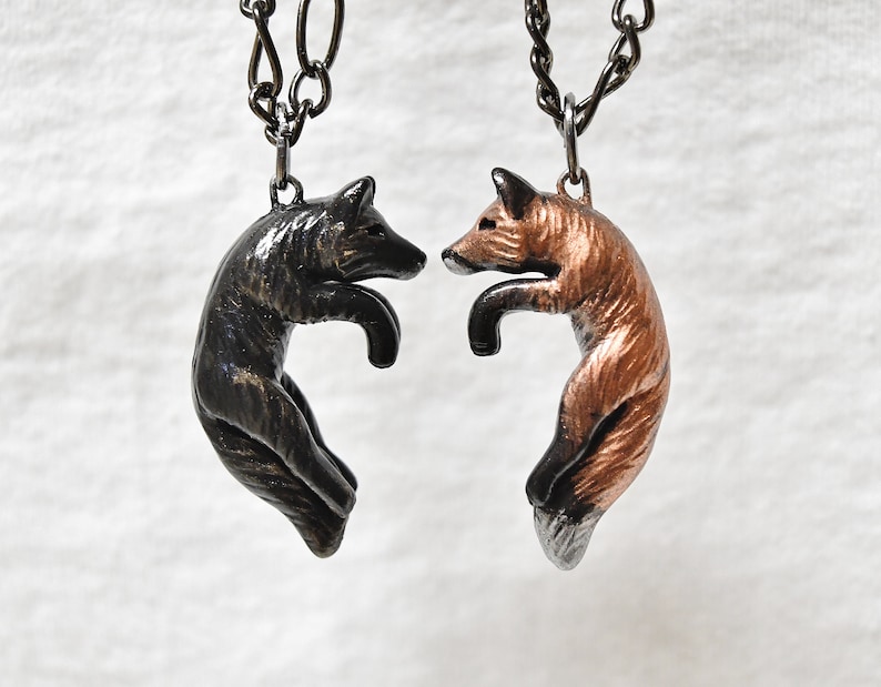 Black Wolf and Fox Necklaces Love His and Hers Heart Kissing Etsy