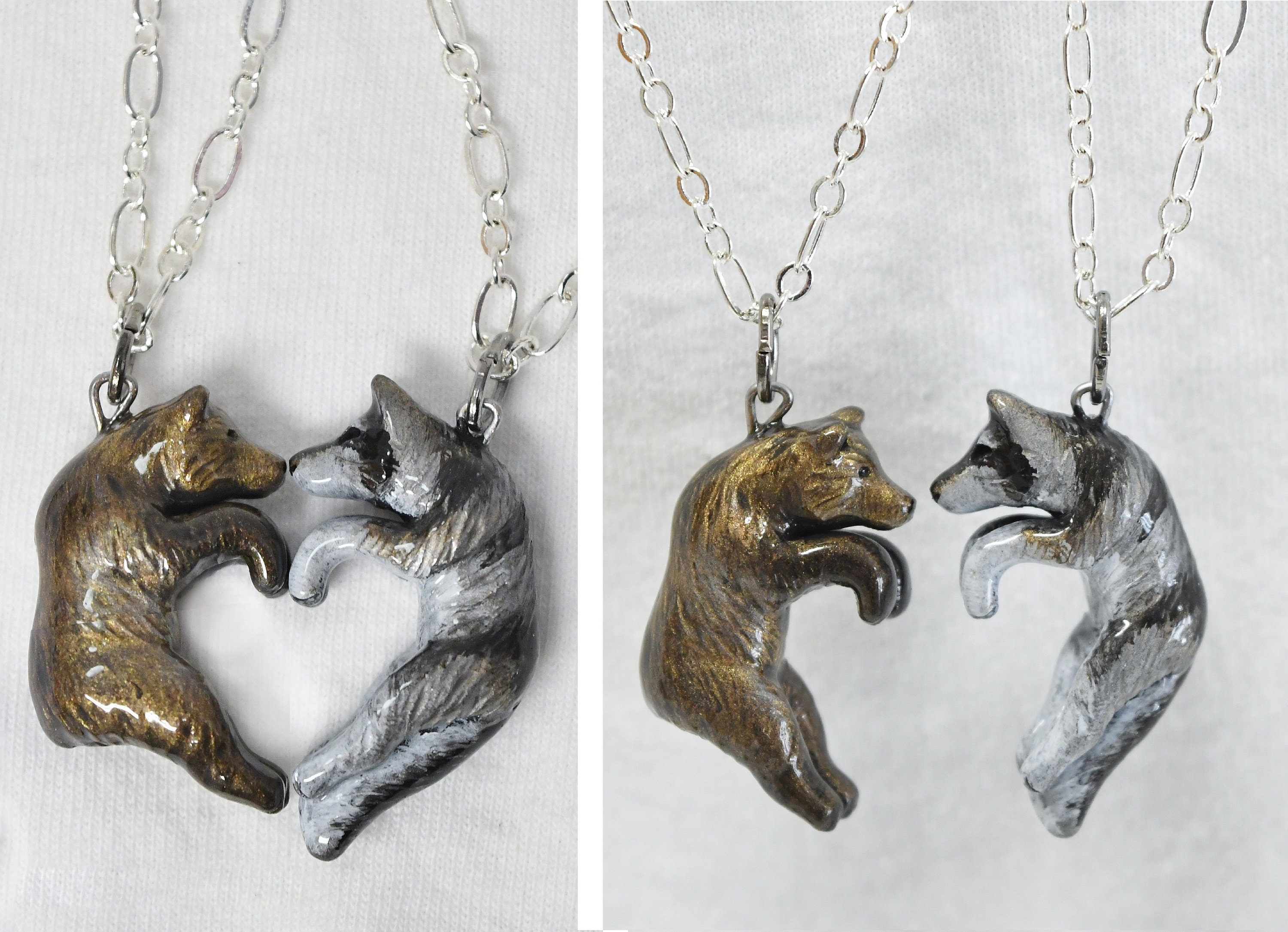 Bear and Wolf Heart Necklaces BFF His and Hers Set Friendship