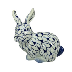 Blue and White Herend Style Bunny Rabbit Hare Ears Up | Chinoiserie Chic Baby Decor