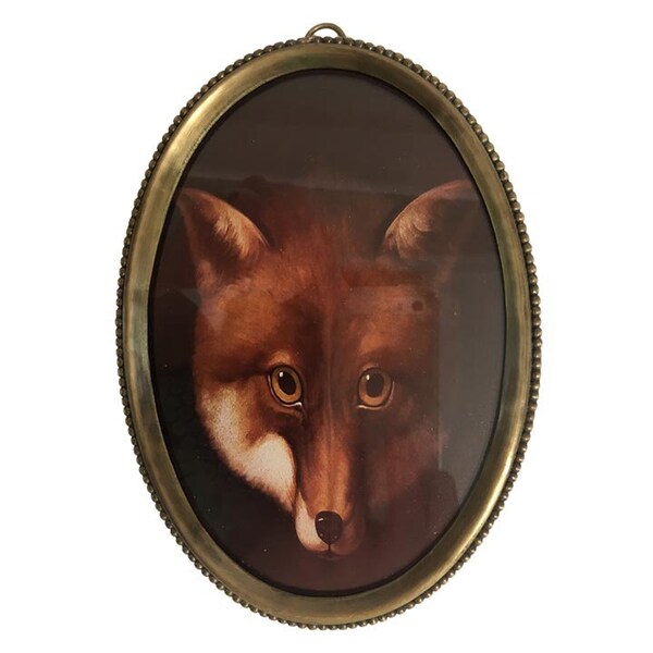 Vintage Framed Fox Head Picture Print in Oval Brass Frame