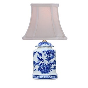 Petite Blue and White Porcelain Oval Jar Bird Accent Lamp | Chinoiserie Chic