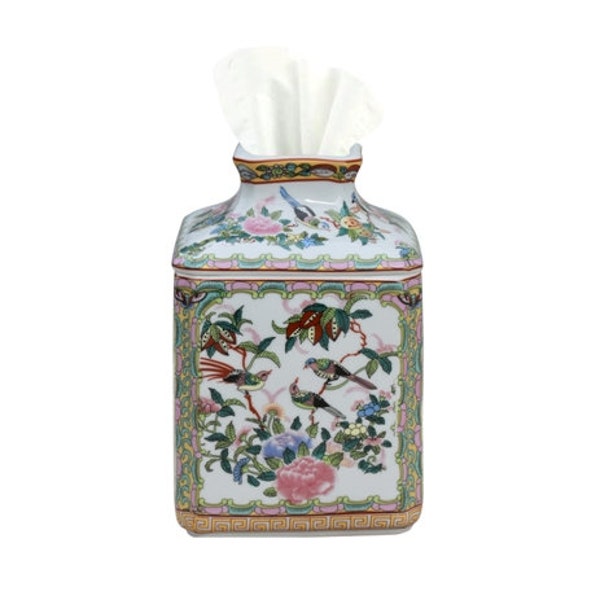 Famille Rose - Soporte para caja de pañuelos de porcelana con diseño de pájaro chino / Chinoiserie Chic