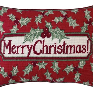 Merry Christmas Needlepoint Throw Pillow | Holiday Accent Pillow