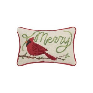 Merry Cardinal on Branch Holiday Christmas Needlepoint Pillow 12x8 | Accent Pillow