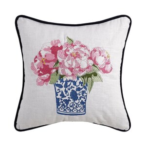 Chinoiserie Blue and White Vase with Pink Peonies Flowers Embroidered Linen Pillow II