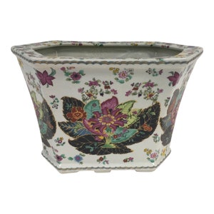 Large Hexagonal Porcelain Chinoiserie Tobacco Leaf Planter