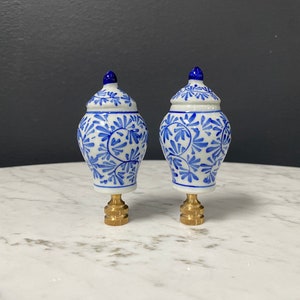 Blue and White Ginger Jar Lamp Finials - Leaves Pattern