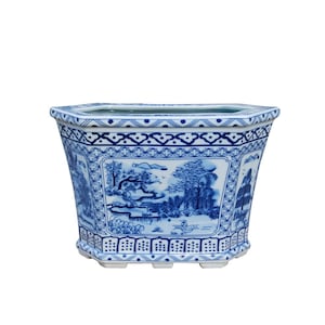 Jardinière hexagonale chinoise en porcelaine, bleue et blanche