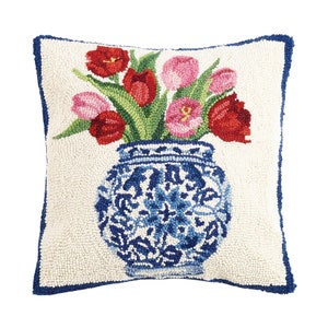 Chinoiserie Blue & White Vase with Tulips Hook Pillow
