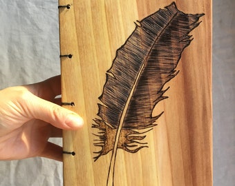 Wood Burned Feather Journal or Sketchbook Made From Salvaged Sequoia Wood