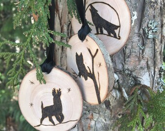Set of Three Personalized Wood Burned Wildlife Ornaments Made From Birch
