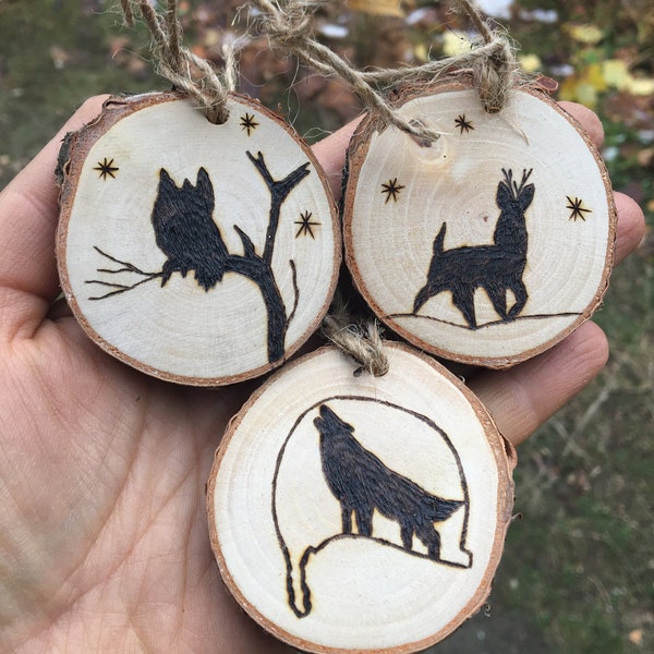 Set of Three Personalized Wood Burned Wildlife Ornaments Made From Birch