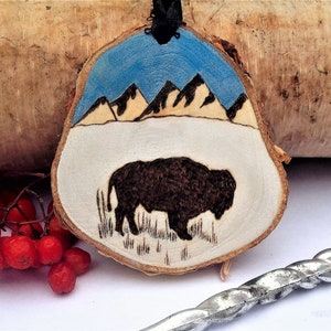 Rustic Birch Christmas Ornament With Wood Burned Bison and Mountain Scene