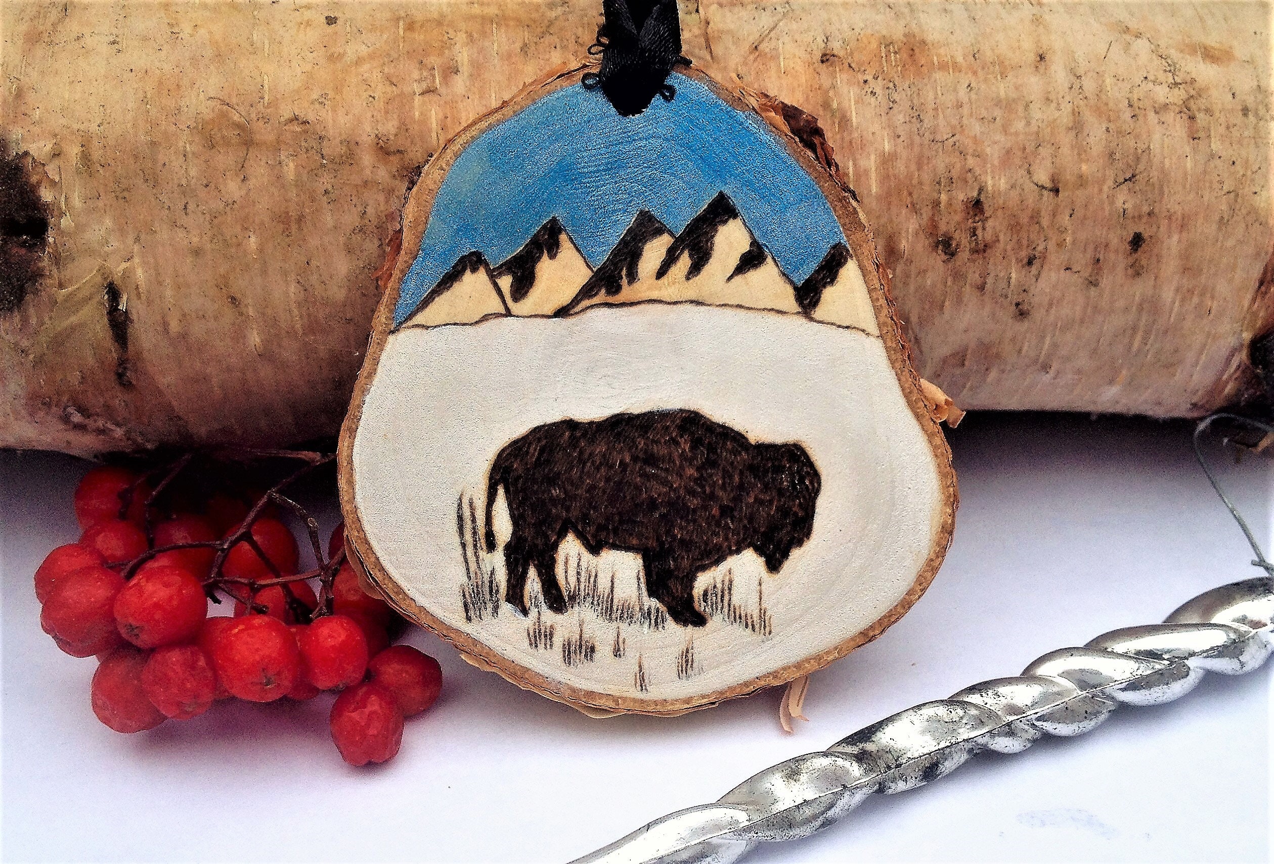 Rustic Birch Christmas Ornament With Wood Burned Bison and Mountain Scene
