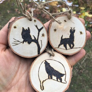 Set of Three Personalized Wood Burned Wildlife Ornaments Made From Birch image 10