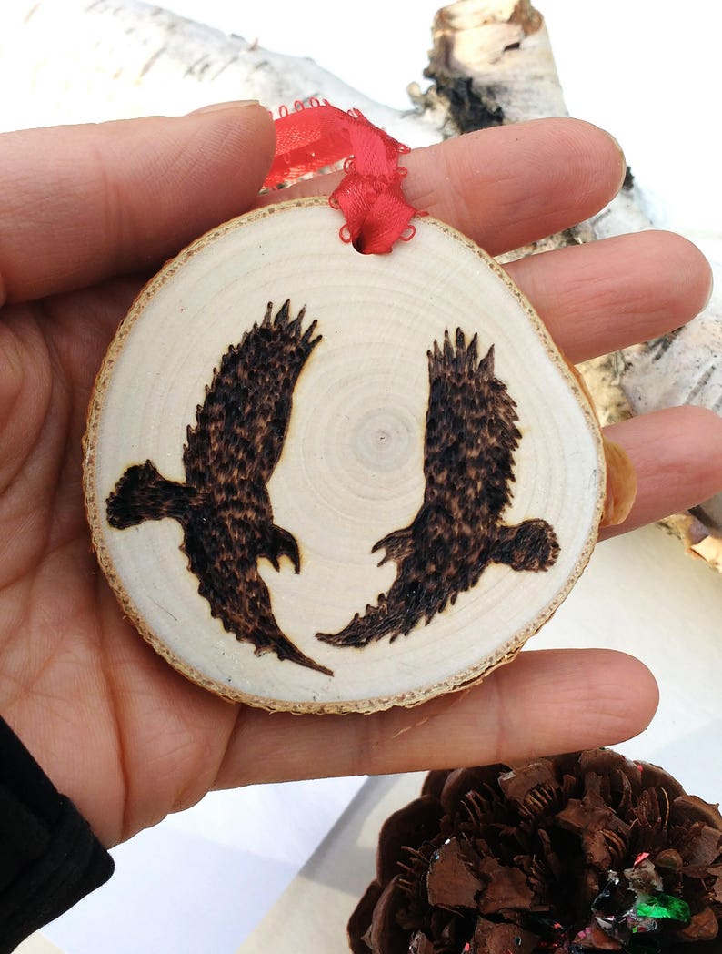 Two Flying Eagles Ornament,Birch Tree Slice Ornament,Wood Burned Eagles Ornament,Custom Couples Ornament Personalized Couples Ornament