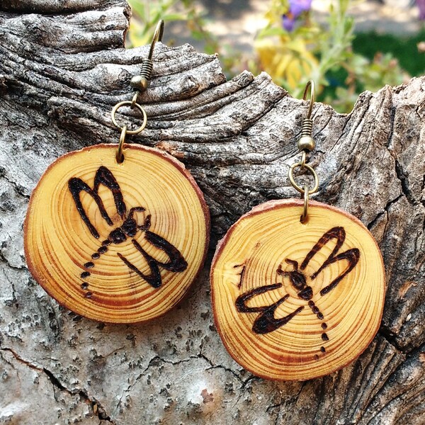 Dragonfly Earrings, Pine Wood Earrings, Wood Burned Tree Slice Earrings, Boho Earrings