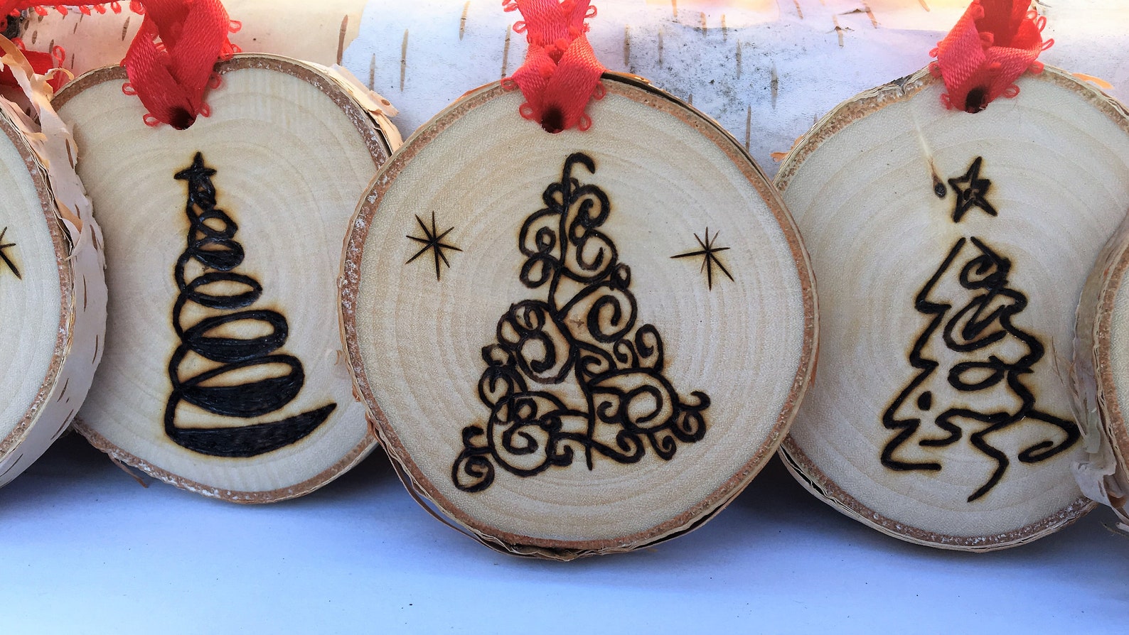 Set of Five Wood Burned Christmas Tree Ornaments Made From Etsy