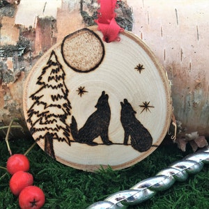 Personalized Wood Burned Wolf Couple Ornament Made From Birch