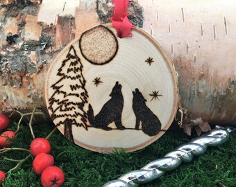 Personalized Wood Burned Wolf Couple Ornament Made From Birch