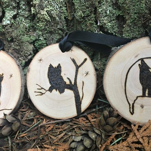 Set of Three Personalized Wood Burned Wildlife Ornaments Made From Birch image 4