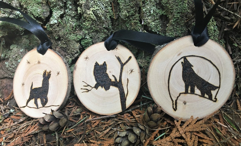 Set of Three Personalized Wood Burned Wildlife Ornaments Made From Birch image 4