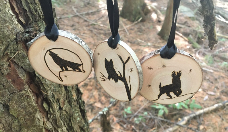 Set of Three Personalized Wood Burned Wildlife Ornaments Made From Birch image 6