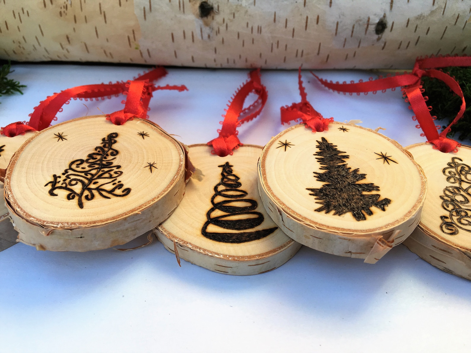 Set of Five Wood Burned Christmas Tree Ornaments Made From Etsy