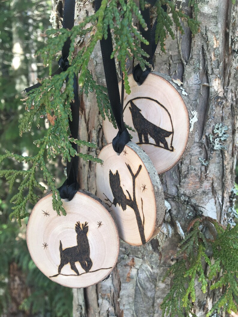 Set of Three Personalized Wood Burned Wildlife Ornaments Made From Birch image 2