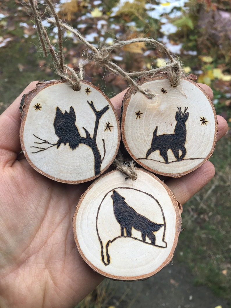 Set of Three Personalized Wood Burned Wildlife Ornaments Made From Birch image 1