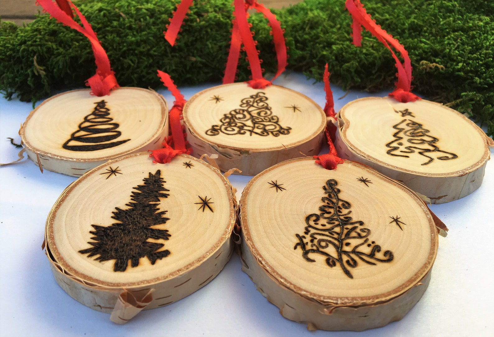 Set of Five Wood Burned Christmas Tree Ornaments Made From Etsy