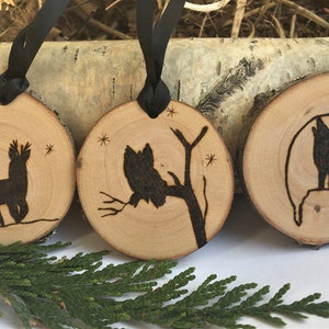 Set of Three Personalized Wood Burned Wildlife Ornaments Made From Birch image 7