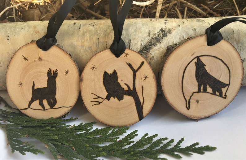 Set of Three Personalized Wood Burned Wildlife Ornaments Made From Birch image 7