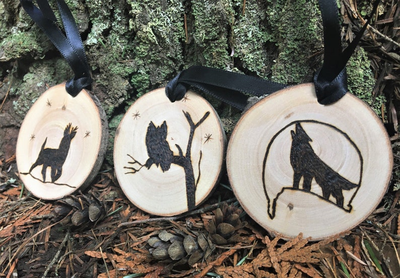 Set of Three Personalized Wood Burned Wildlife Ornaments Made From Birch image 5