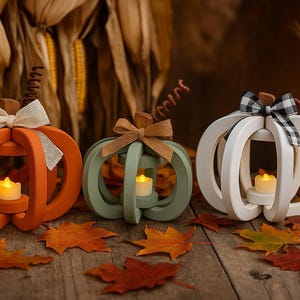 Lanternes citrouilles en bois rustiques avec bougies LED - Déco d'automne de ferme, centre de table pour Thanksgiving, accent de plateau automne, fait main unique