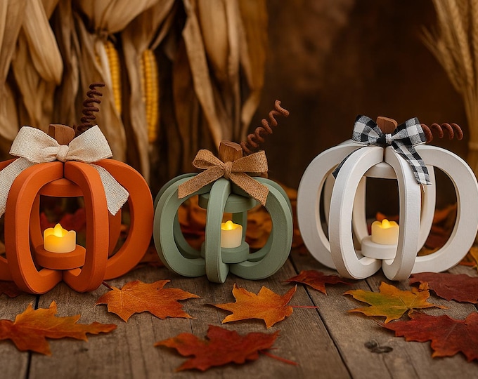 Rustic Wooden Pumpkin Lanterns with LED Candle Lights – Farmhouse Fall Decor, Thanksgiving Centerpiece, Autumn Tray Accent, Unique Handmade