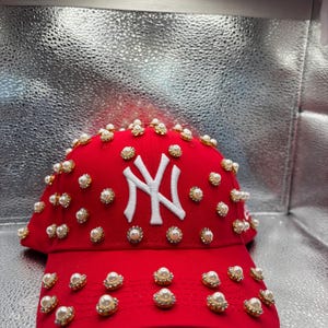 Blinged out Red NY yankees hat
