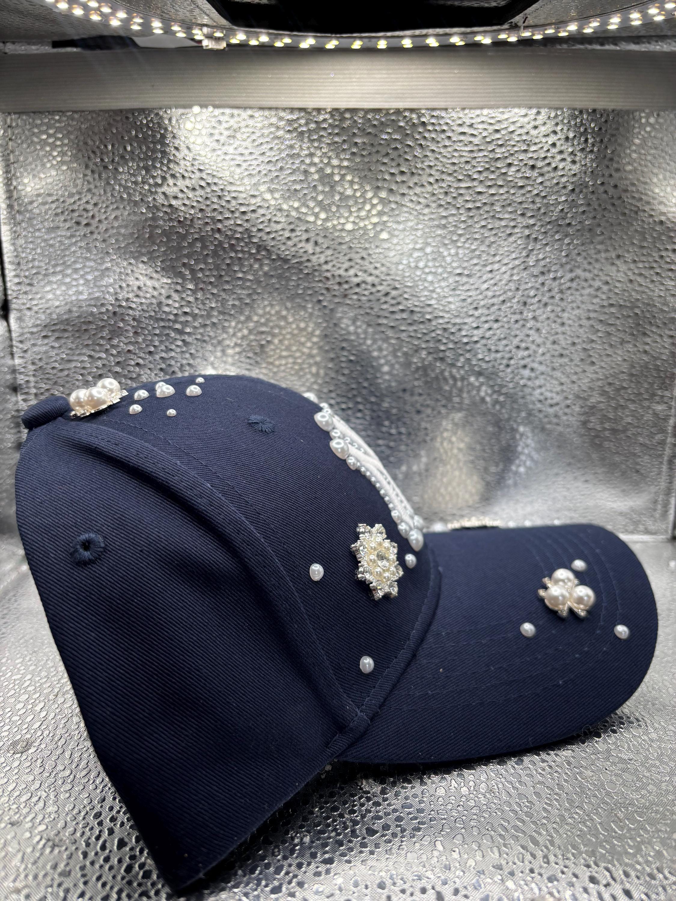 Embellished Navy Cap with Floral and Pearl Accents Cairo Navy/Cream Embroidered Cap | Hats | Accessories main image 3