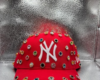 Blinged out Red NY yankees hat