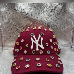 Blinged out Burgundy NY yankees hat