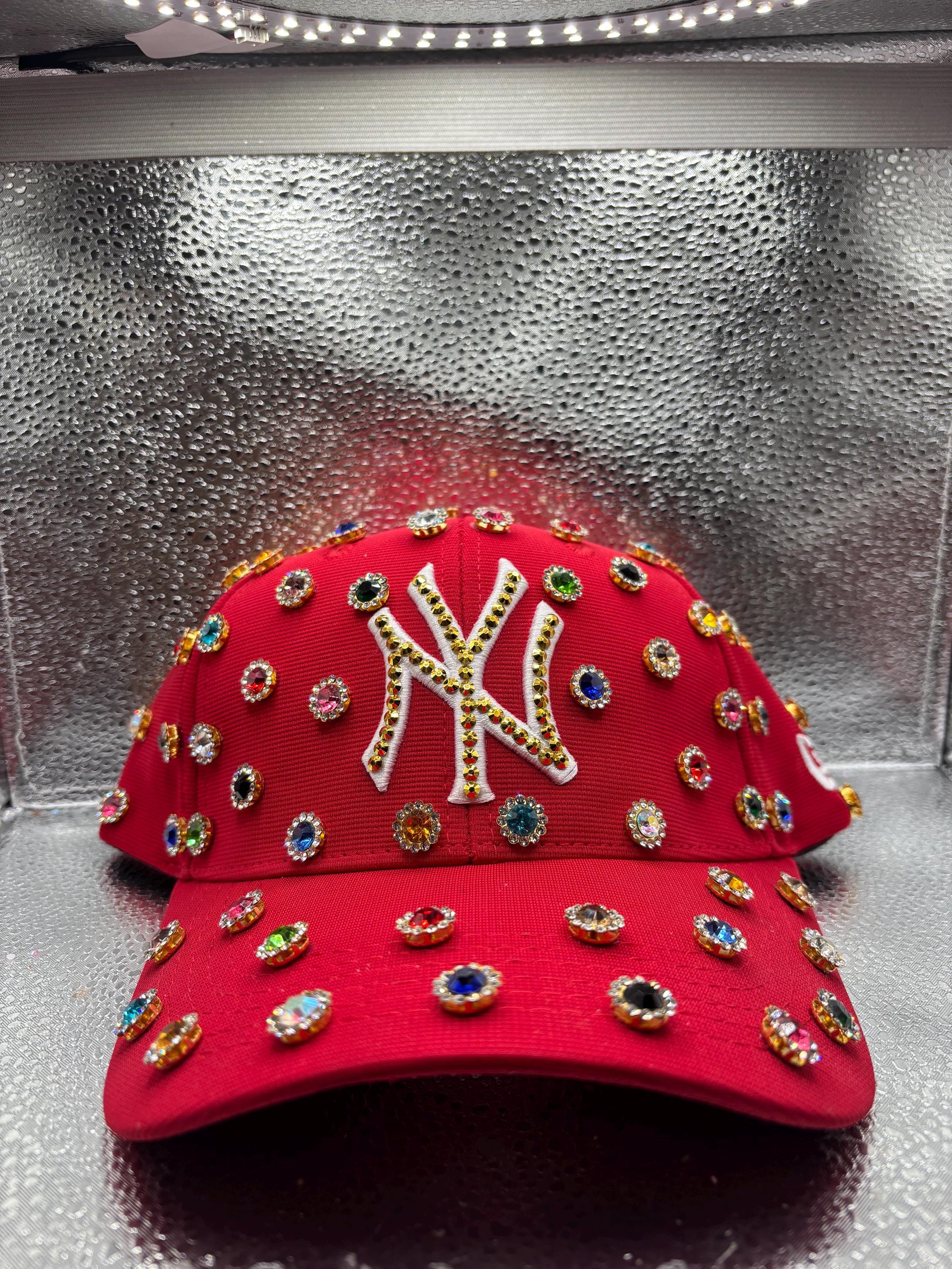 Blinged Caps (Deep Red) Velvet avail with strap in the back? NEW! NY Crushed Velvet Bling Baseball Cap – Glam Hoarder main image 3