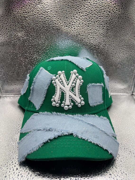 Embellished Green & Denim Patch Baseball Cap Diamonds & Pearls Fitted Cap – Francoise & Company main image 4