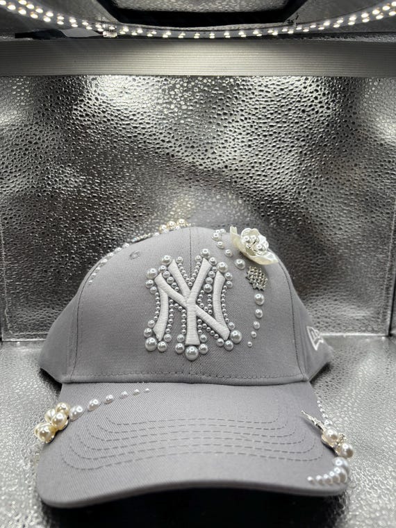 White Crystal & Pearl \'Mom\' Embellished Baseball Cap with Afro Puff NY Yankees Swarovski Crystal Hat, Pearl Rhinestone Flower  main image 3