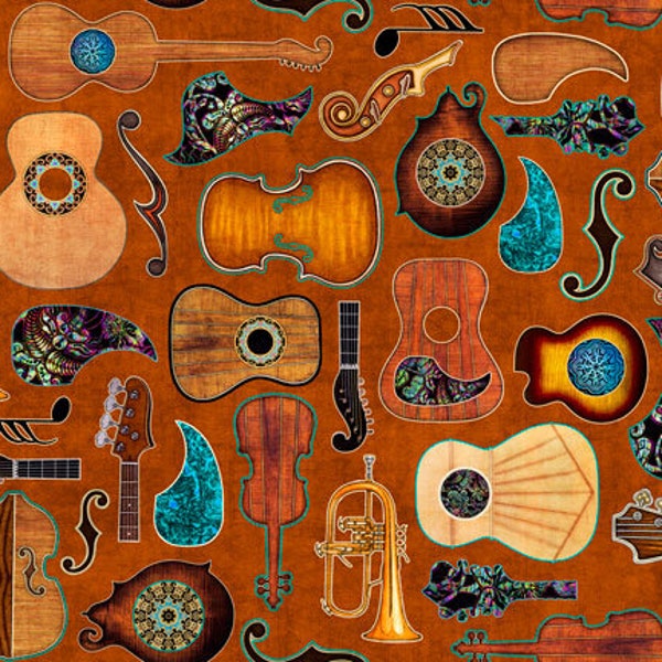 Quilting Treasures, Fine Tuning by Dan Morris, Guitars Rust 26847-T Cotton Woven Fabric, 100% Cotton Fabric