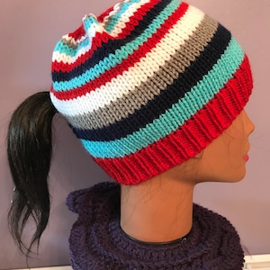 Red, Turquoise, Navy, Grey & White Stripped Ponycap