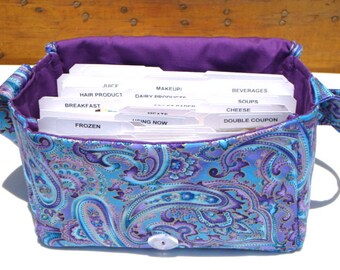 Coupon Organizer Budget Organizer Holder Attaches To You Shopping Cart Black and White Damask with Turquoise Lining